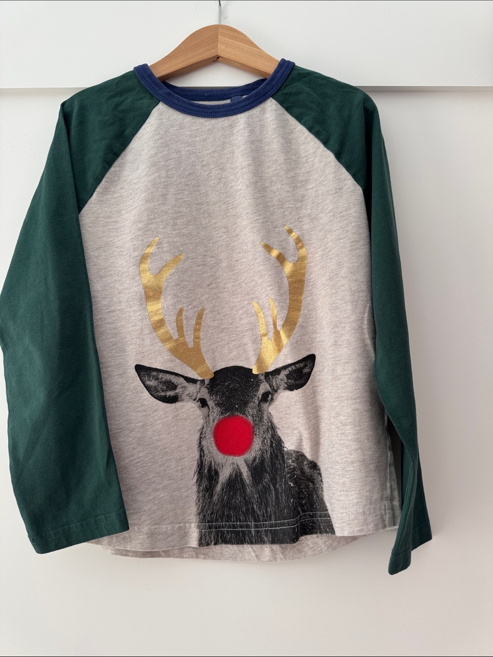 Boden Kids Long-Sleeve Reindeer Tee - Green/Gray/Navy with Gold Antlers